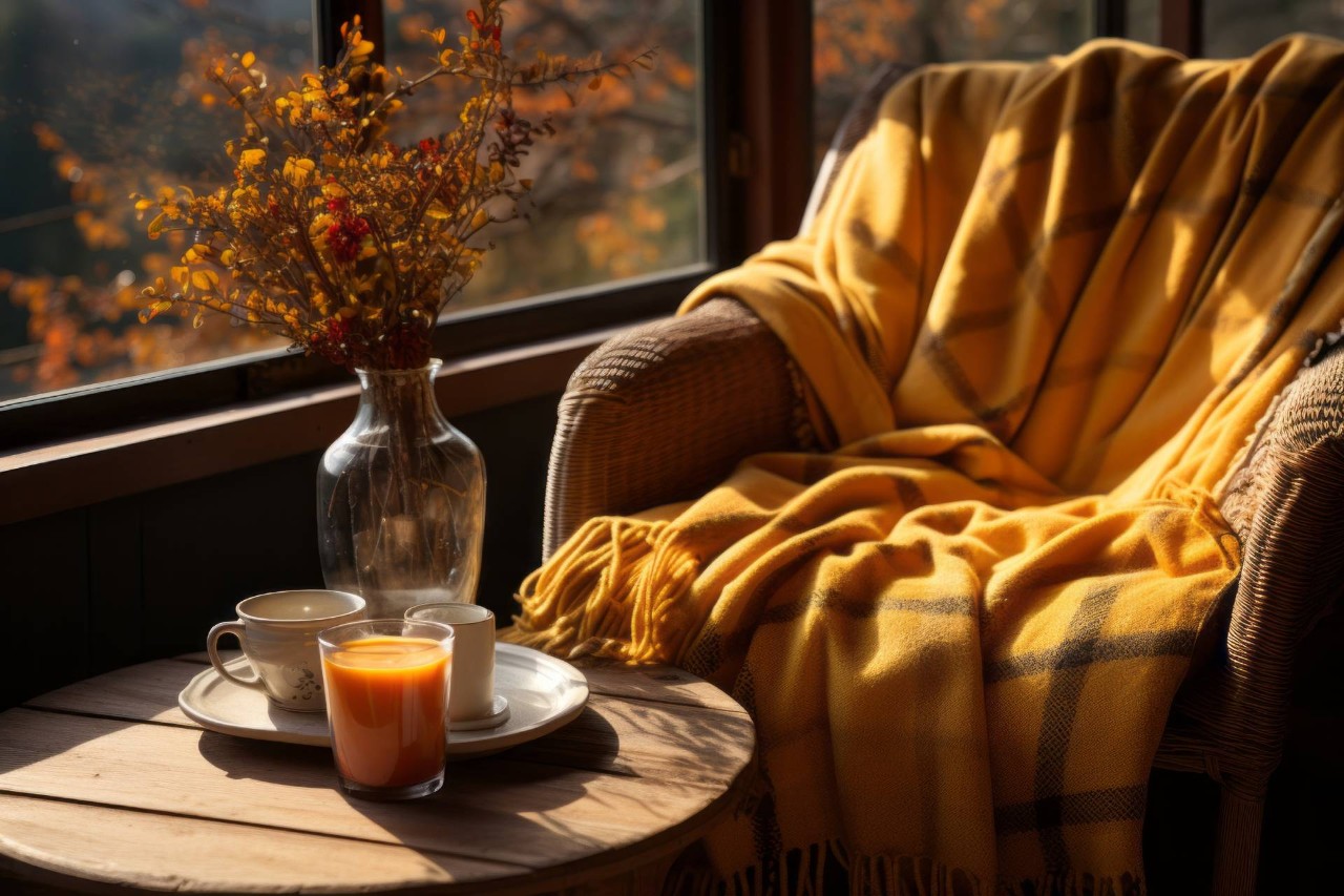  Cozy home interior with a comfortable chair, yellow blanket, and table with a vase and glasses
