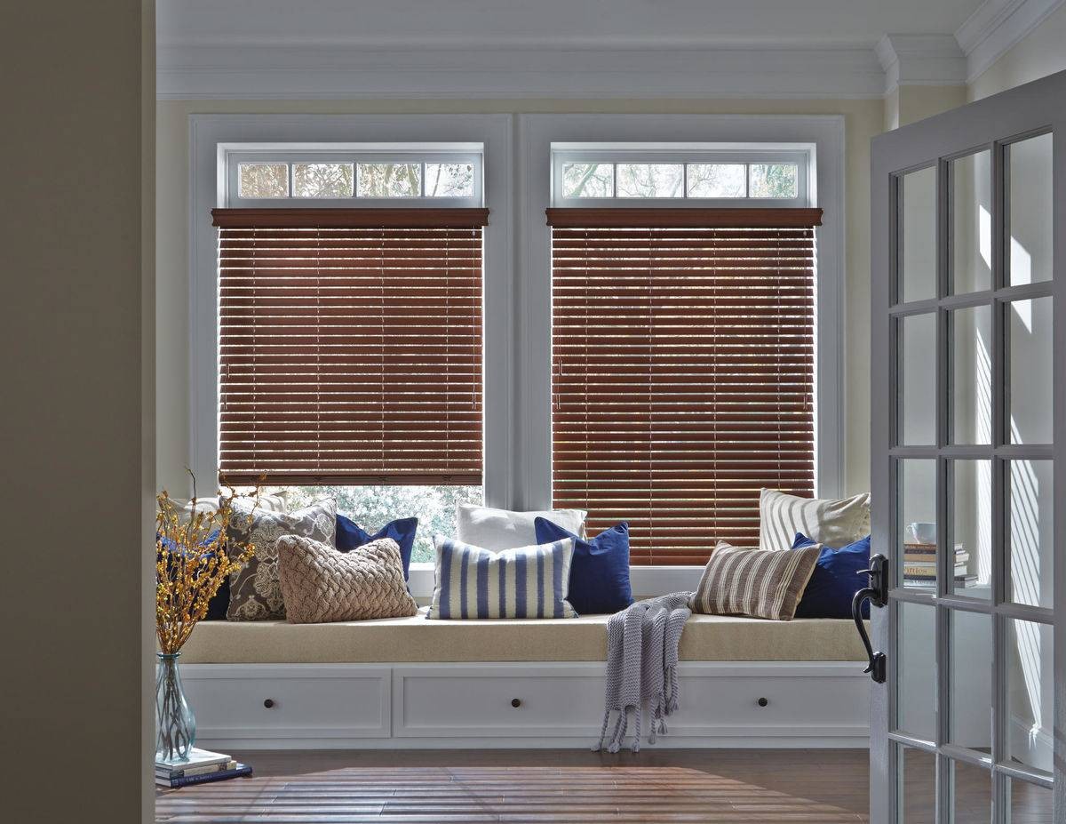  Hunter Douglas EverWood® Faux Wood Blinds on a bow window near Concord, California (CA)